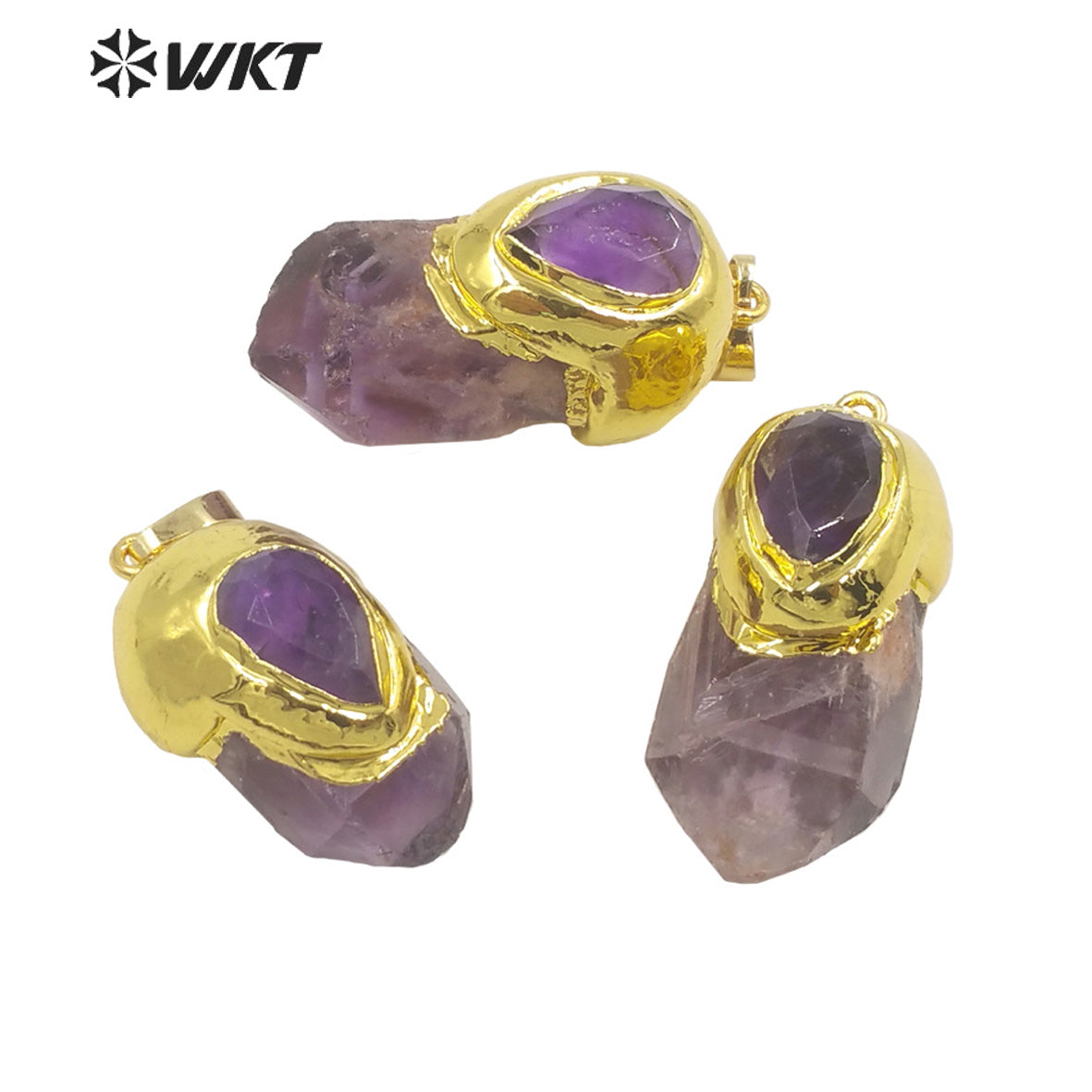 WT-P1949 Wholesale Fashion Handmade Carved Natural Amethyst Pendant for Lady Necklace Design in 18K Real Gold Plated Pendant