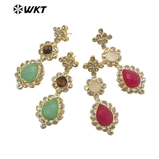 WT-ME088 WKT New Design 18K Real Gold Plated Multi Kinds of Gemstone Earrings Natural Lapis Drop Long Stone Studs for Gift