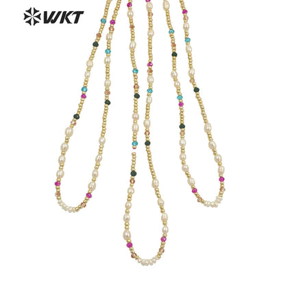 WT-JN222 INS HOT Trendy Colorful Tiny Stone Beads Necklace 16inch Elegant Lady Pearl Gold Beads Choker Necklace for Gift