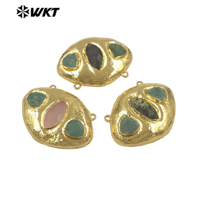 WT-C338 Wholesale Gold Electroplated Three Natural Gemstones Oval Charms Connectors With Double Hoops For Bracelets DIY Design