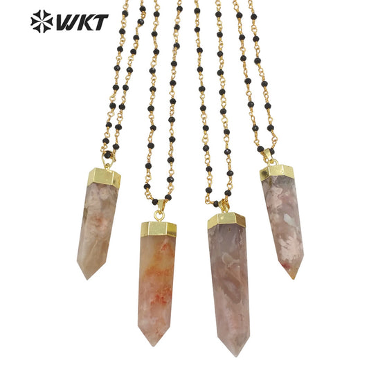WT-N1294 Amazing High Polish Natural Hexagon Cherry Agate Pendant Necklace Fashion Gold Healing Spirit Quartz Point Necklace