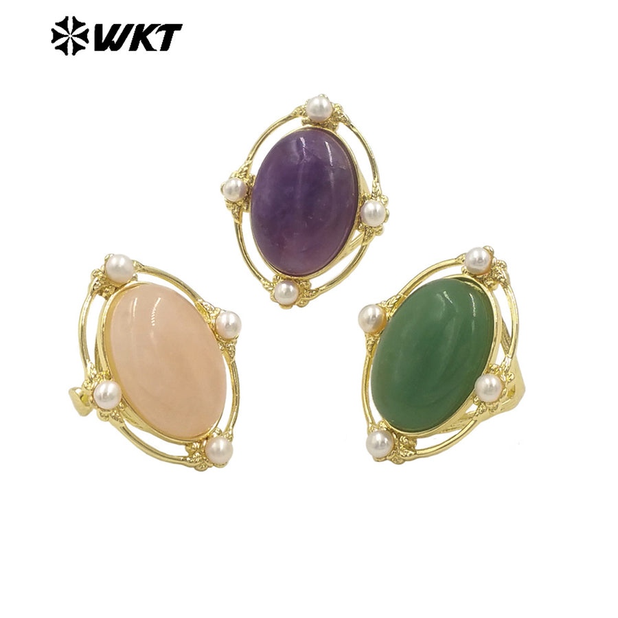 WT-R541 Wholesale Fashion Gold Plated Retro Natural Gemstone Lapis Amethyst Oval Stone With Pearl Beads Adjustable Women Ring