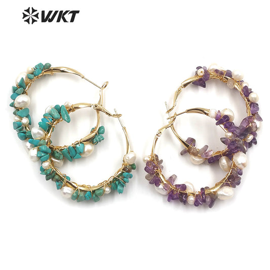 WT-E607 New Exclusive Design Gravel Stone Pearl Earring Multiple Color Selection Women Fashion Gravel Stone Earring