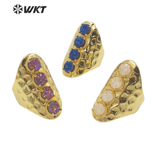 WT-R443 Wholesale Fashion Gold Bezel Natural Druzy Agate Ring Wide Band Women Party Stone Ring for Birthday Girl Friend