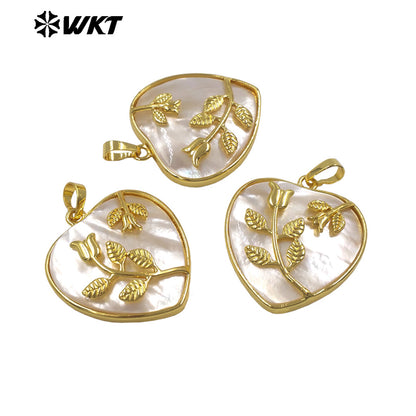WT-JP516 Delicate White Shell And Gold Plated Leaves Heart Shape Pendant For Female Fashion Jewelry Decorative Findings