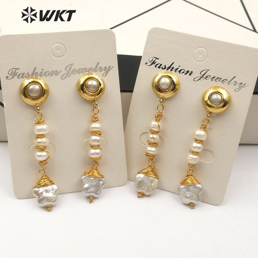 WT-E554 Easy Matching Women Jewelry Gold Thread Around Pearl Earrings Freshwater Pearl Earrings
