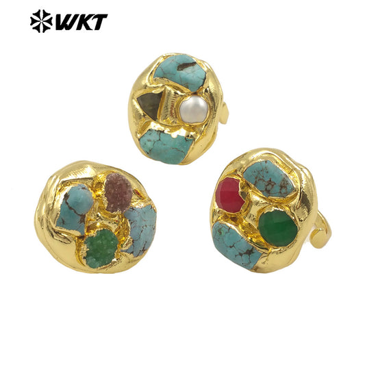 WT-R548 Natural Colored Turquoise/Pearl/Jade/ Druzy Stone Ring With 18k Gold Plating Ring for Unisex Party Decorated