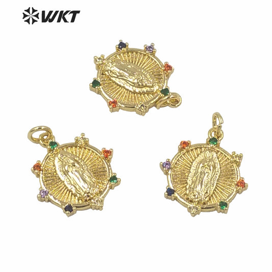 WT-MP149 WKT Women New Gold Electroplated Yellow Brass Metal Casting Mother of Jesus Mary Pendant Christian Religious Pendant