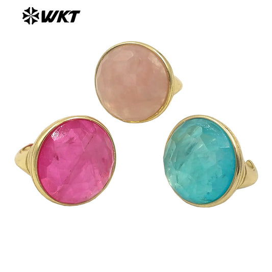 WT-R514 Wholesale New Design Big Round Natural Jade Spring Bright Color Women Gold Ring in Adjustable