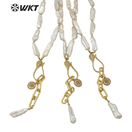 WT-JN110 New Exclusive Design Pearl Chain and Micro Pave Charm Necklace Lady New Fashion Jewelry Natural Pearl Necklace