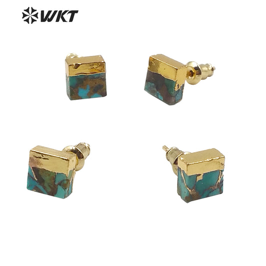 WT-E601 New Natural Turquoise Studs Earring Gold Electroplated Women Fashion Charm Jewelry 7mm Tiny Turquoise Studs