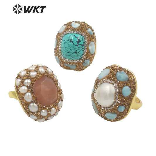 WT-R445 Wholesale Fashion 18k Gold Plated Gorgeous Rhinestone Decorative Turquoise Pearl Party Ring Daily Wearing Women Rings