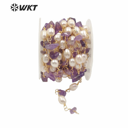 WT-RBC165 High Quality Natural Stone Make Chain Women Jewelry Findings Chain for Necklace Design Gold Rosary Beads Chain