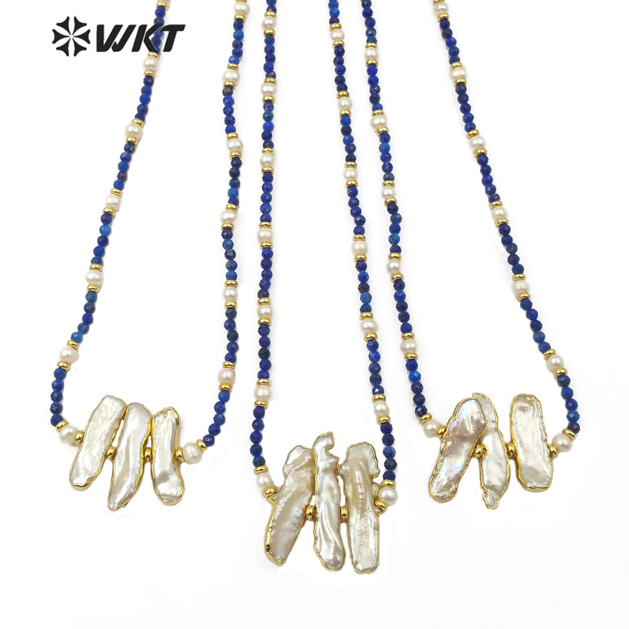 WT-JN104 Newest Natural Pearl Necklace 3mm Lapis Beads 4mm Pearl Beads Themed Pendant in Randomly Shape Fashion Charm Necklace