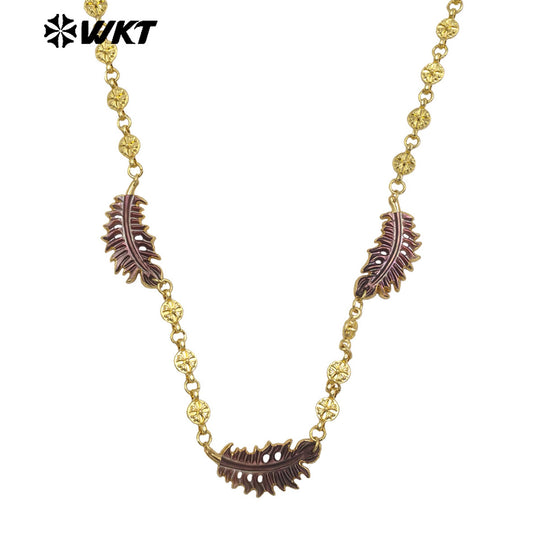 WT-JN351 Newest Design 18K Gold Plated Three Natural Shell Feather Shape Charms Necklace For Women Amazing Jewelry Gift