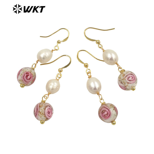 WT-MPE098 Latest Style Colour Glaze & Freshwater Pearl Natural Rose 18k Gold Plated Gift Weeding Romantic Pendant Earrings