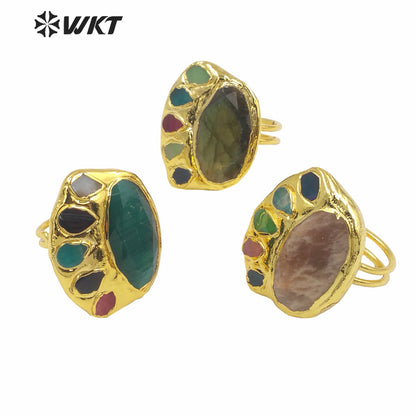 WT-R472 New Design Colorful Gemstone Ring With Pearl Charms Women Fashion Gold Plated Peacock Stone Ring Boho Charming Ring