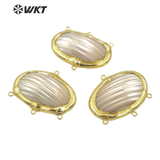 WT-PC009 Amazing 18k Real Gold Plated Oval Shape Natural White Mabe Shell Connectors With Hoops for Jewelry Necklace Design