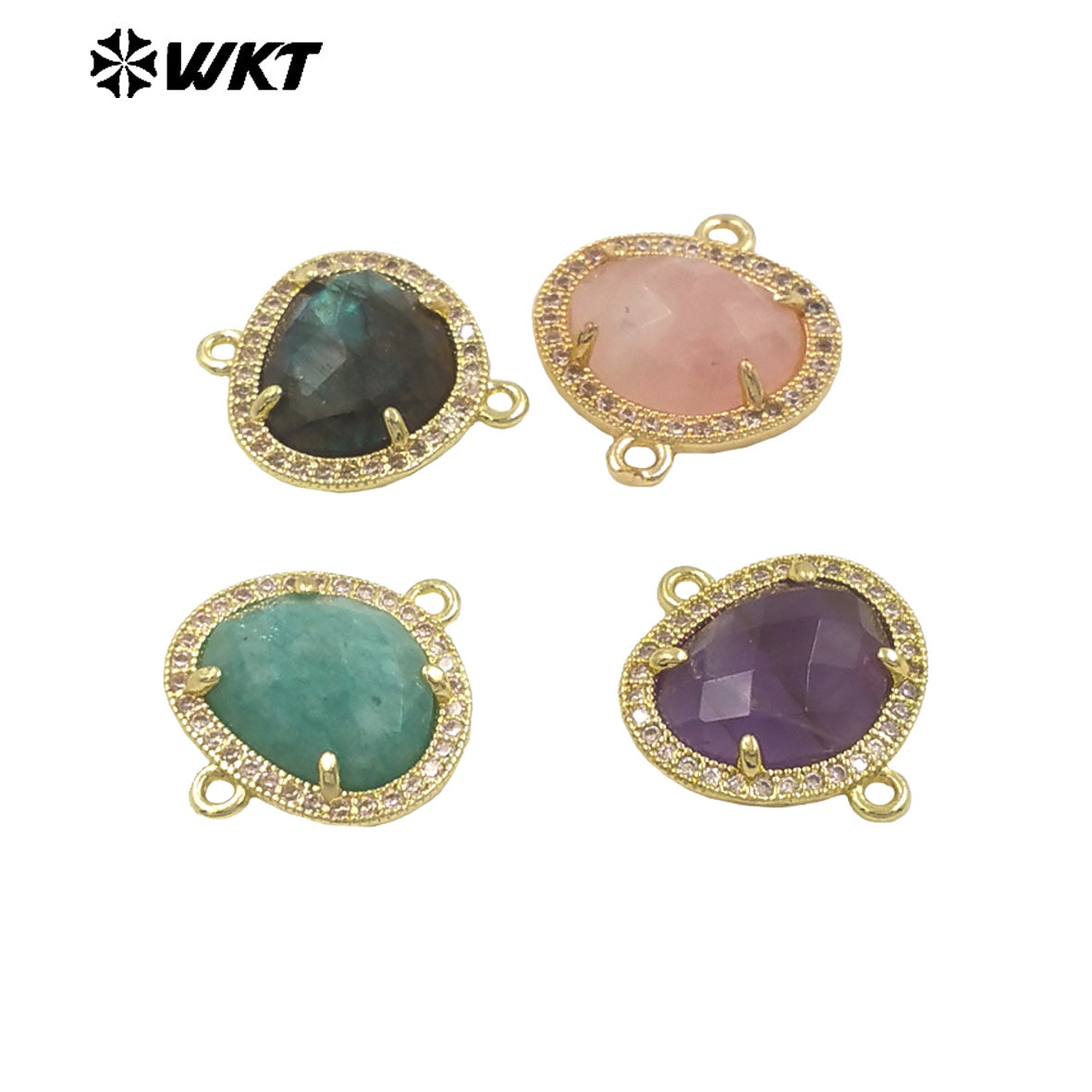 WT-C335 High Quality Wholesale Small Zircon Round MultiVariety Natural Gemstone Necklace Pendant Connector Double Hoop for Women