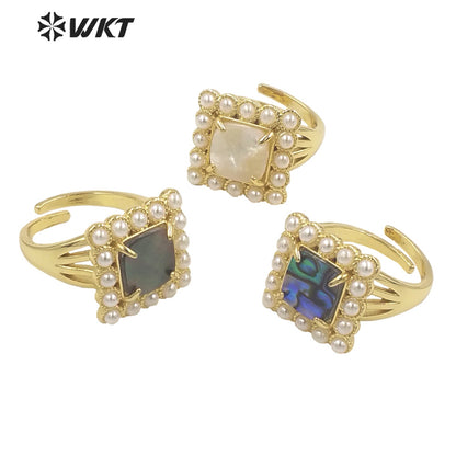 WT-MPR078 Vintage Bohemian Office Style Natural Square Shell With Artificial Pearl Women Ring for Gift