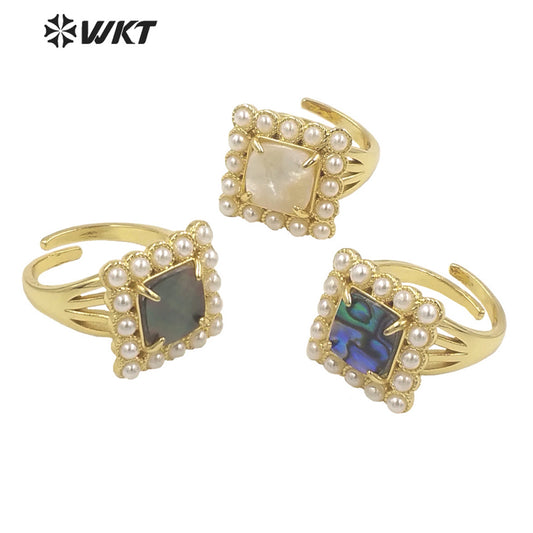 WT-MPR078 Vintage Bohemian Office Style Natural Square Shell With Artificial Pearl Women Ring for Gift