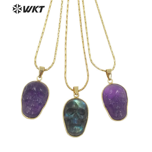 WT-N1357 WKT Special Skeleton Ghost Head Natural Carved Labradorite Necklace Style Rock and Roll Style Skull Necklace