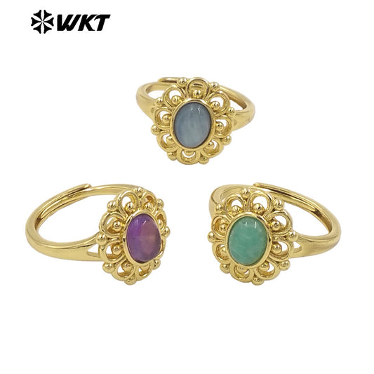 WT-R537 Wholesale Fashion 18K Real Gold Plated Round Hollow Flower Shape Design Natural Stone Ring for Women