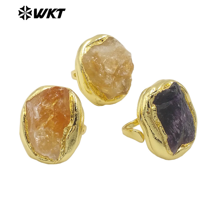 WT-R526 Wholesale New Raw Natural Hammer Yellow Citrine and Amethyst Big Stone Energy Women Ring