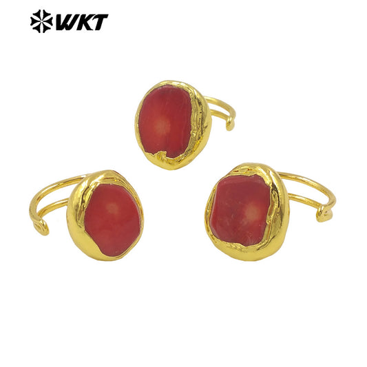WT-MPR110 Wholesale Hot Sale Unisex Simple 18K Gold Plated Round Red Coral Adjustable Ring for Daily and Party Decorations