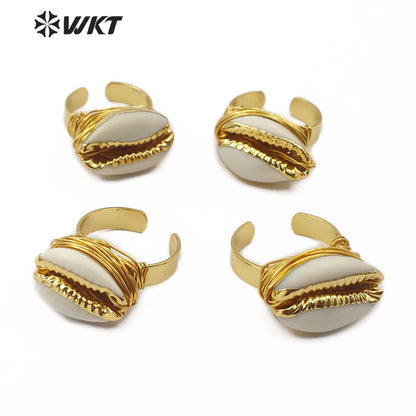 WT-R339 Wholesale Wire Wrapped Cowrie Ring New Arrival Natural Cowrie Gold Electroplated Ring Women Charm Jewelry Ring