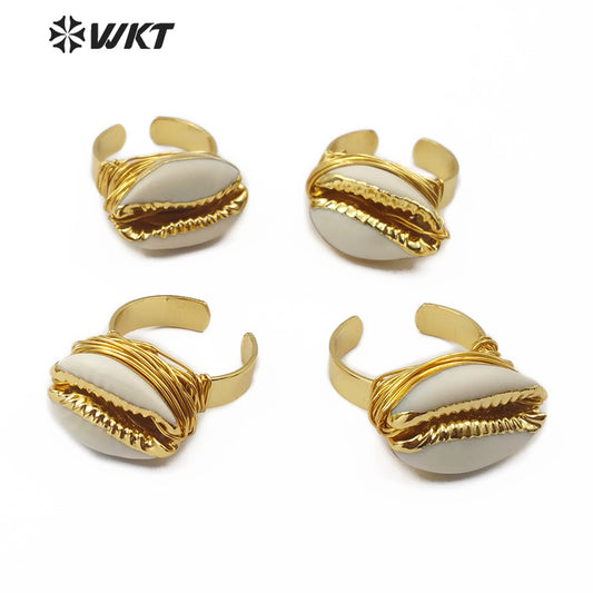 WT-R339 Wholesale Wire Wrapped Cowrie Ring New Arrival Natural Cowrie Gold Electroplated Ring Women Charm Jewelry Ring
