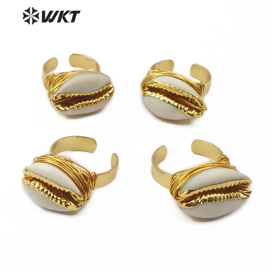 WT-R339 Wholesale Wire Wrapped Cowrie Ring New Arrival Natural Cowrie Gold Electroplated Ring Women Charm Jewelry Ring