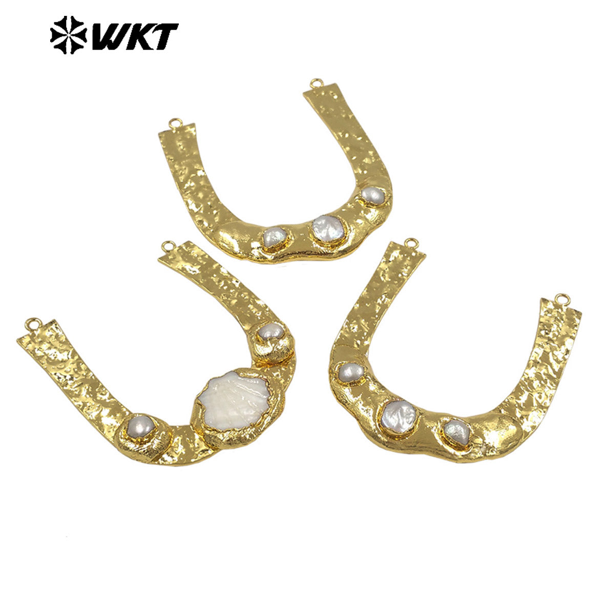 WT-PC014 High Quality 18K Gold Plated Double Loops Natural Freshwater Pearl And Shell Design Connector For Handmade Necklace