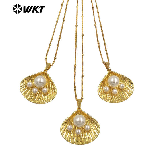 WT-JN309 Amazing Fashion Gold Plated Man Made Scallop Shell Metal Women Necklace 18 Inch Long