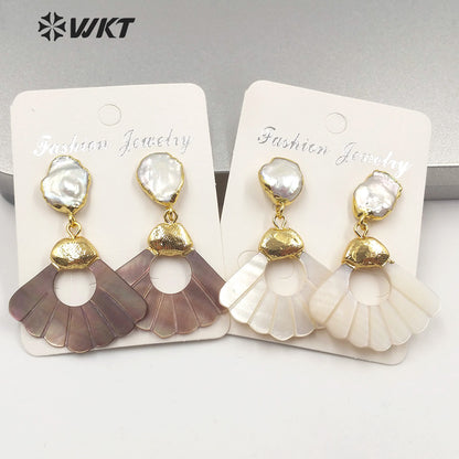 WT-E596 Charming Sector Shape Shell Pearl Earrings Fashion Lady Natural Shell Fan Shape Swing Earrings With Pearl