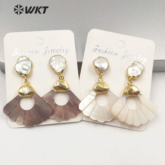 WT-E596 Charming Sector Shape Shell Pearl Earrings Fashion Lady Natural Shell Fan Shape Swing Earrings With Pearl