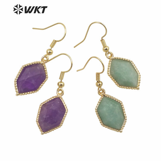 WT-E741 Amazing Colorful Elegant Natural Cat Eye Stone Hexagon Shaped Long Charming in Drop Earrings Women Pendant Earrings