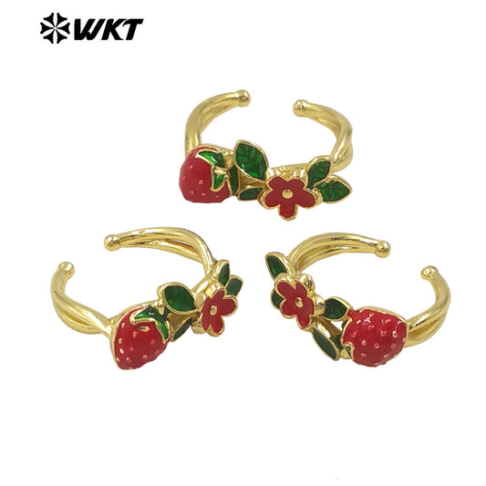 WT-RF011 Beautiful Colored Strawberry and Flower Charms Yellow Brass Drop Oil Red Fruits Ring for Girls Decorative