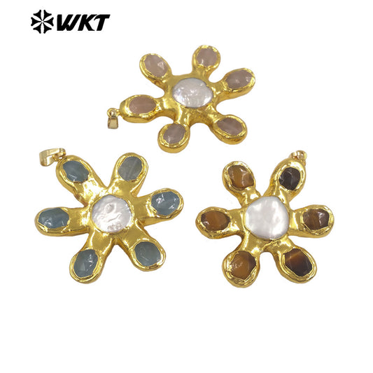 WT-JP473 Popular Fashion Gold Electroplated Natural Stones And Pearl Flower Shape Charm Pendants For Girls Birthday Gift