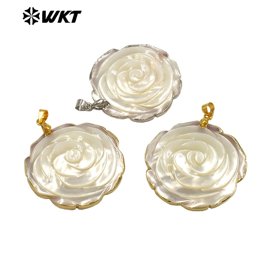 WT-JP404 Luxury Exquisite Rose Flower Shape Pendant Raw Natural Shell Hand Carved Gold Silver Plated Elegant Style Jewelry DIY