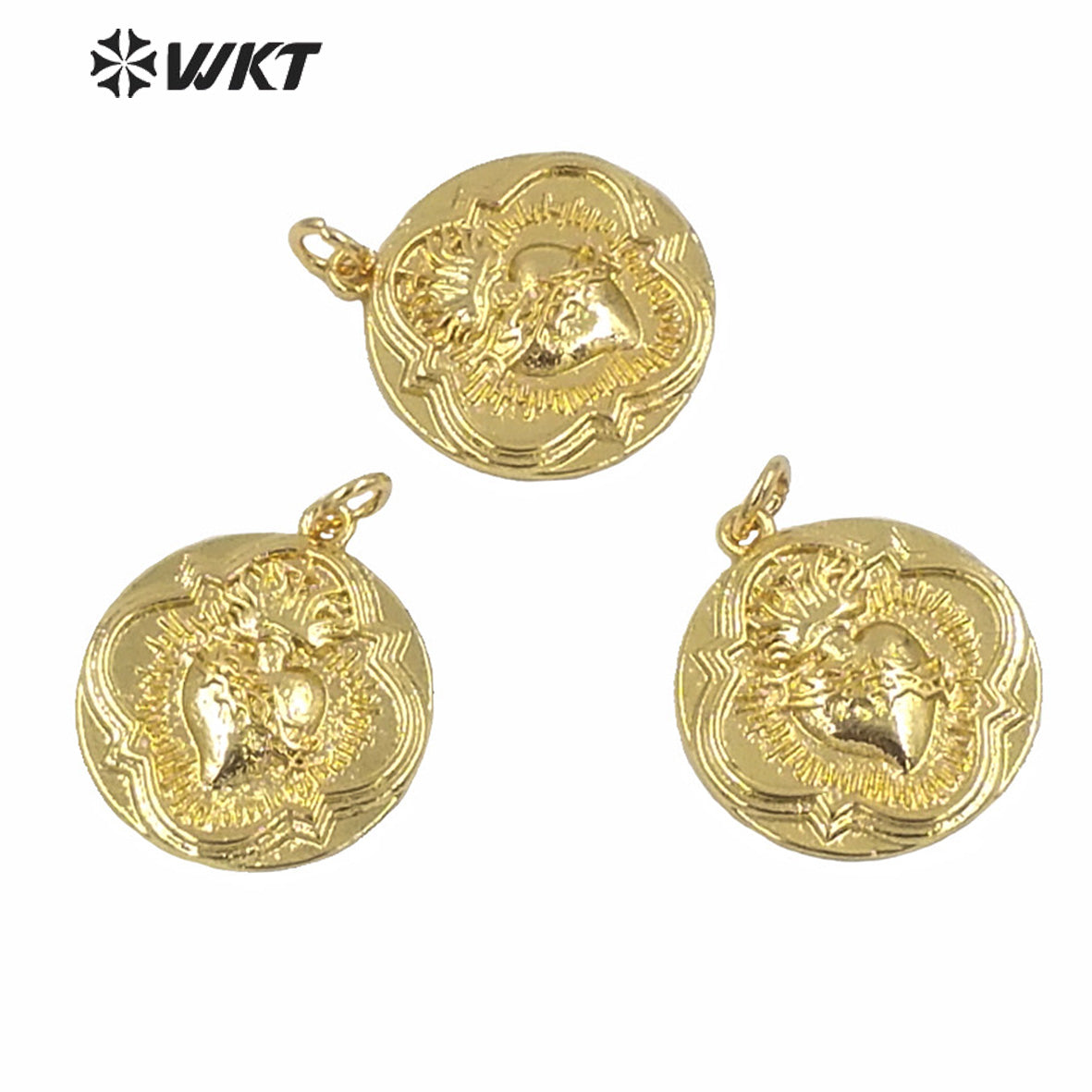 WT-MP182 Full Gold Electroplated Round Flower Shape Coin Pendant Unique Design Religious Heart Medals Pendant