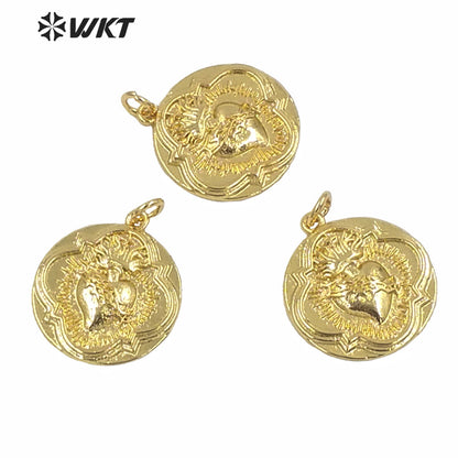 WT-MP182 Full Gold Electroplated Round Flower Shape Coin Pendant Unique Design Religious Heart Medals Pendant