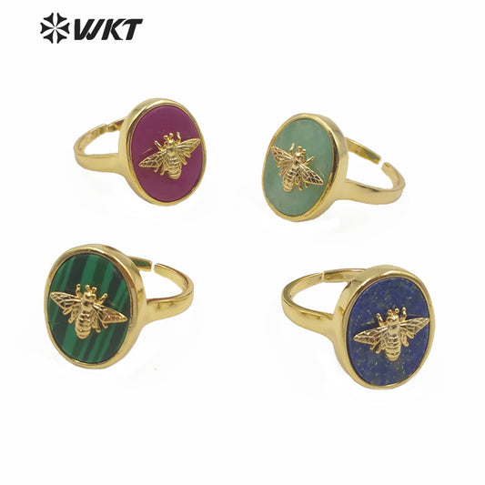WT-R353 Unique Design Natural Stone Insect Charm Ring Oval Gemstone Ring Fashion Jewelry Multicolor Adjustable Ring
