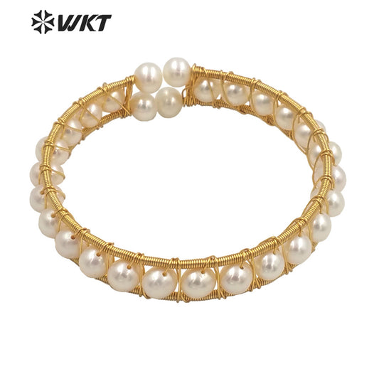 WT-MPB033 WKT Gold Gorgeous Freshwater Pearl Wire Wrapped Women Bangle High Quality Pearl Wrapped Elegant Bangle