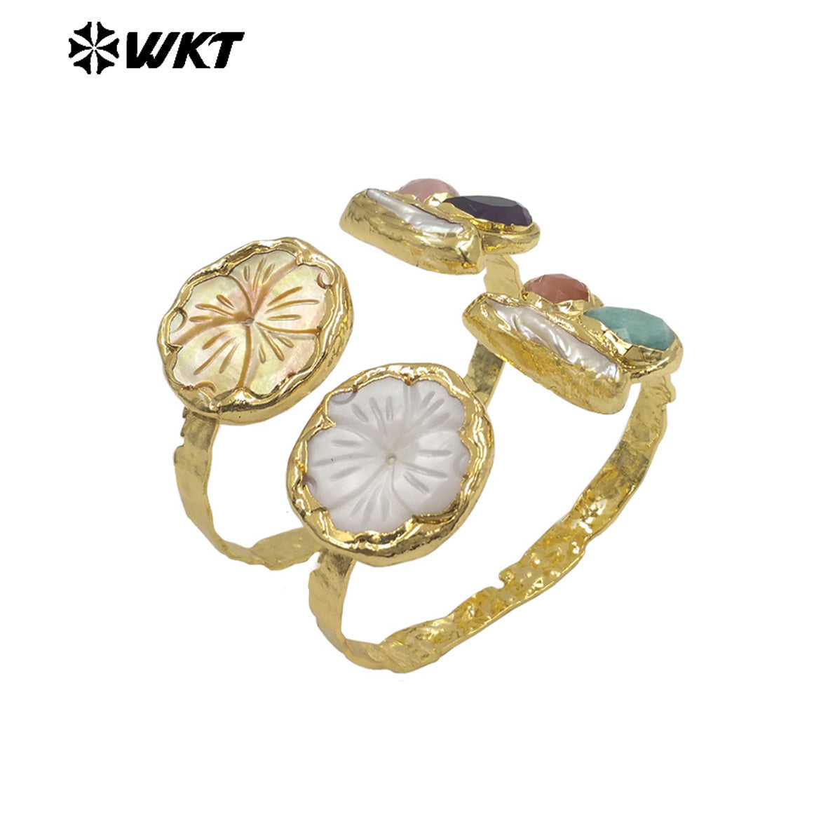 MPB139 Exclusive Unique Design Gold Plated Carved Flower Shape Shell And Natural Stone Pearl Splicing Women Bangles As Gifts