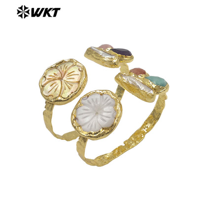 MPB139 Exclusive Unique Design Gold Plated Carved Flower Shape Shell And Natural Stone Pearl Splicing Women Bangles As Gifts