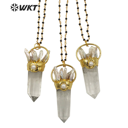WT-N1265 Wholesale Fashion Gold Electroplated White Crystal Quartz Point Stone Necklace Lady Big Stone Energy Pearl Necklace