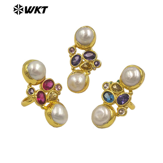 WT-MR042 Wholesale Amazing Pearl Ring With Cubic Zircon Adjustable Size Gold Plated Elegant Fashion Style Ladies Jewelry