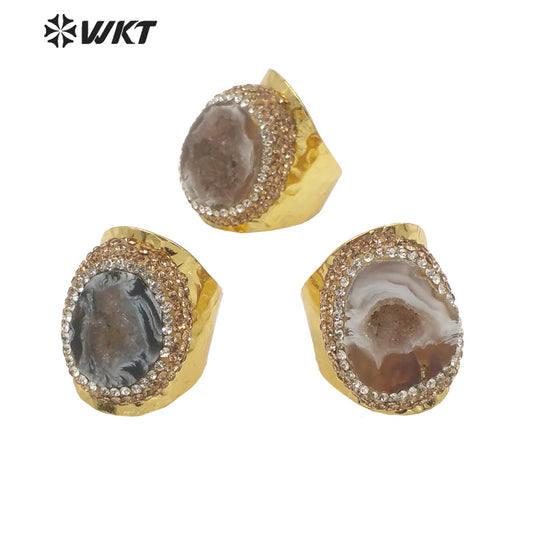 WT-R446 Amazing 18k Gold Plated Resist Tarnishable Natural Geode Agate Ring Women Wide Band Stone Cocktail Ring