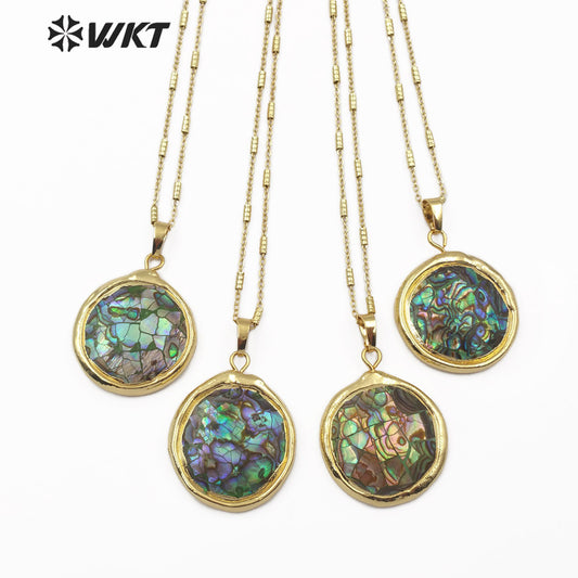 WT-JN061 New Arrival Women's Jewelry Round Natural Color Shell Pendant 18K Gold Plated Natural Abalone Shell Necklace